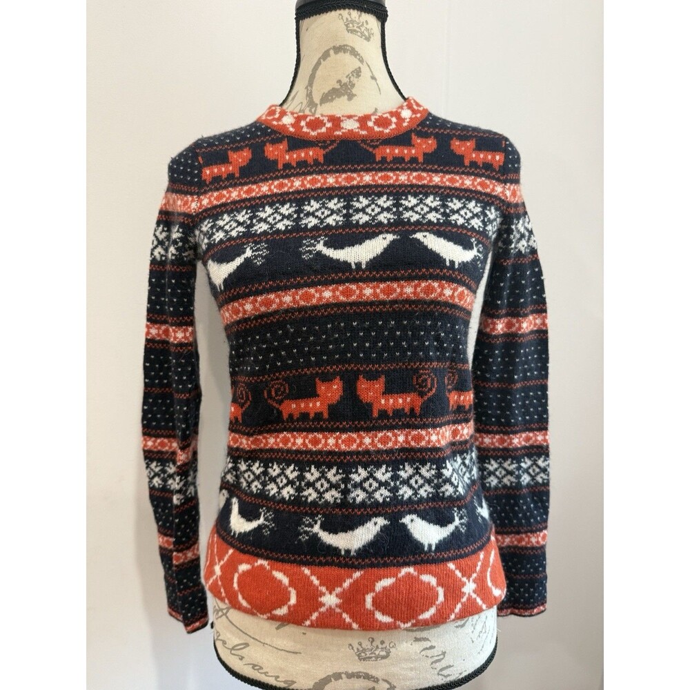 J Crew Womens Farmyard Fairisle Cat Bird Sweater Wool Blend Button Back XXS